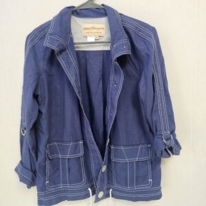 Norm Thompson Blue Jacket with White Stitching Casual Lightweight Med Preppy